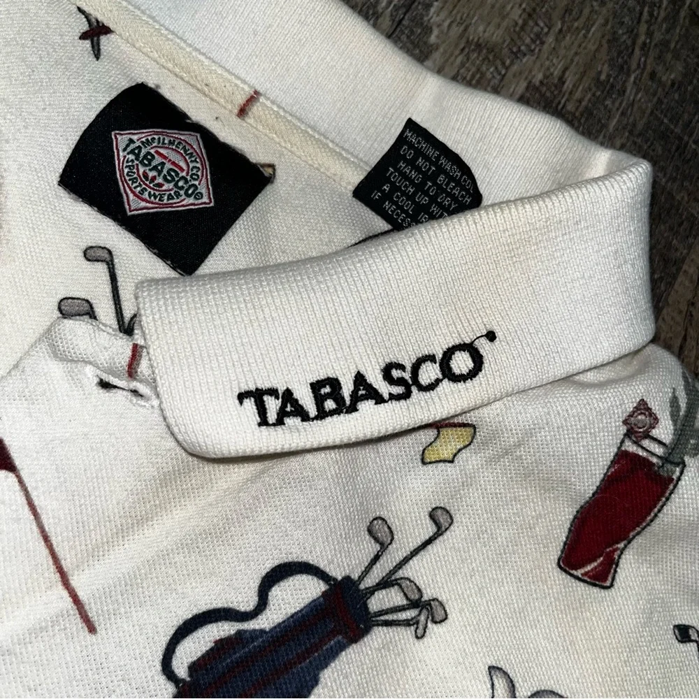 Vintage Tabasco Hot‎ Sauce Polo Shirt Men's XL All Over Print Golf Chili Peppers